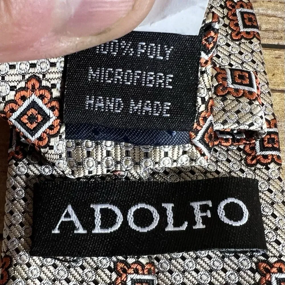Adolfo Mens Necktie Brown‎ Tan Geometric Square Pattern Silk Blend Classic Tie